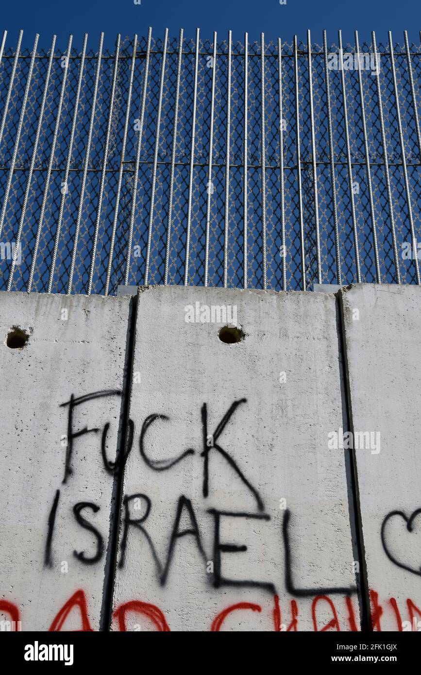 Israeli Border Sign Israeli border wall on Lebanese-Israeli border, Kfar Kila, southern ...