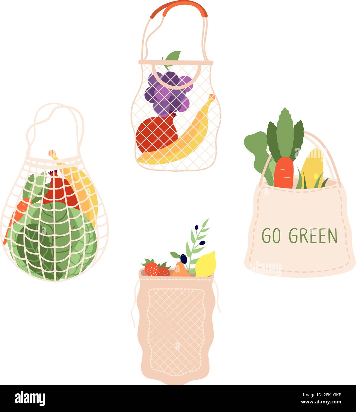 Grocery bags. Shopping food bag, organic supermarket shop packaging. Fresh fruits vegetables market packs, doodle vegetarian dish, cabbage banana Stock Vector