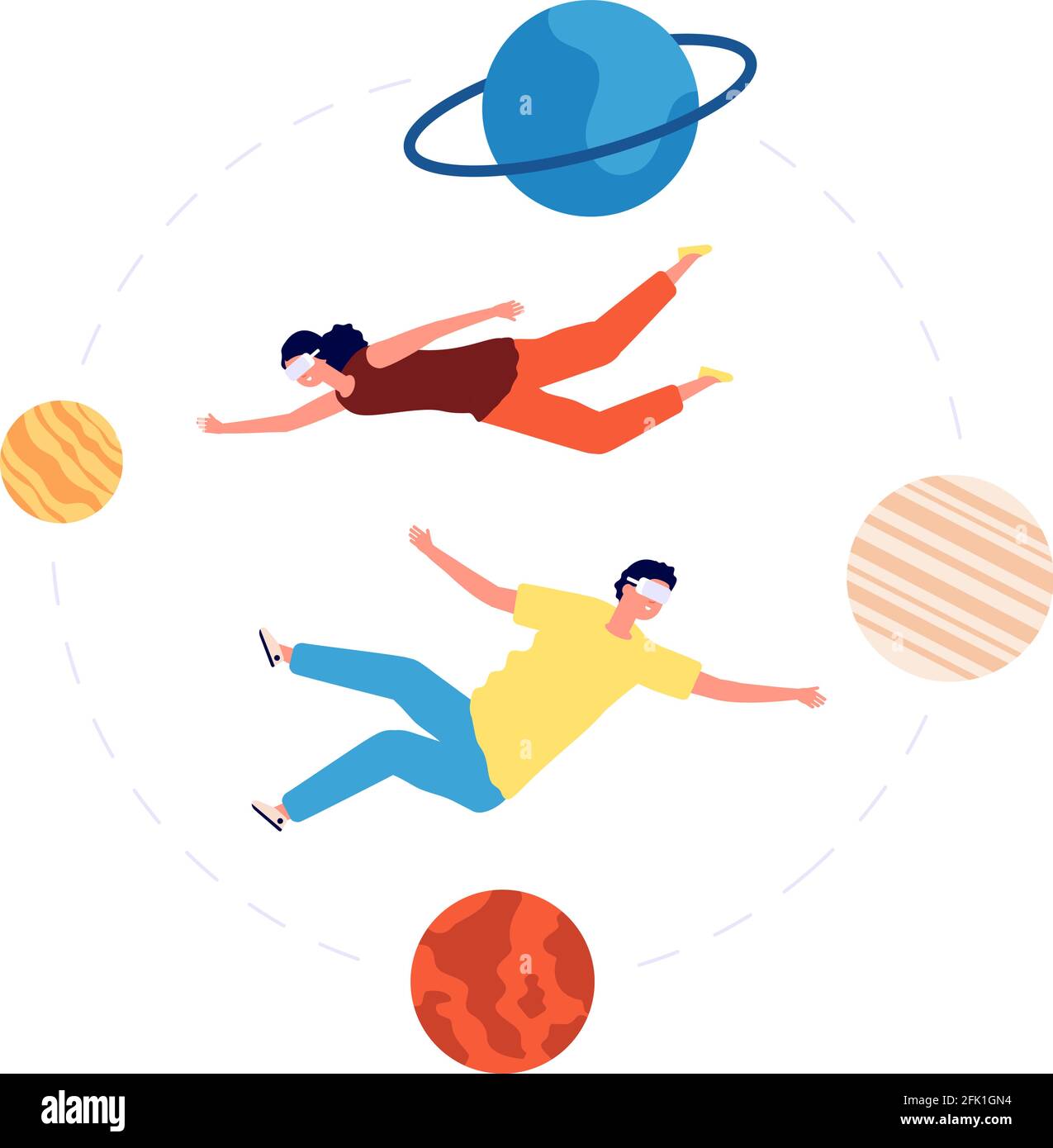 Virtual space travel. People vr glasses flying between planets. Augmented Reality, modern video games or interactive entertainment. Vector Stock Vector