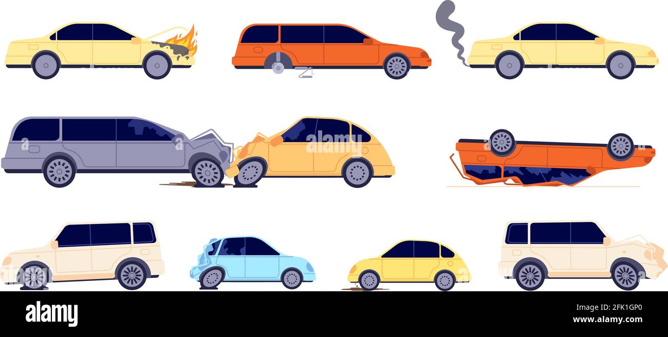 Road accident. Car crash, street emergency situations. Broken vehicle insurance cases, transport