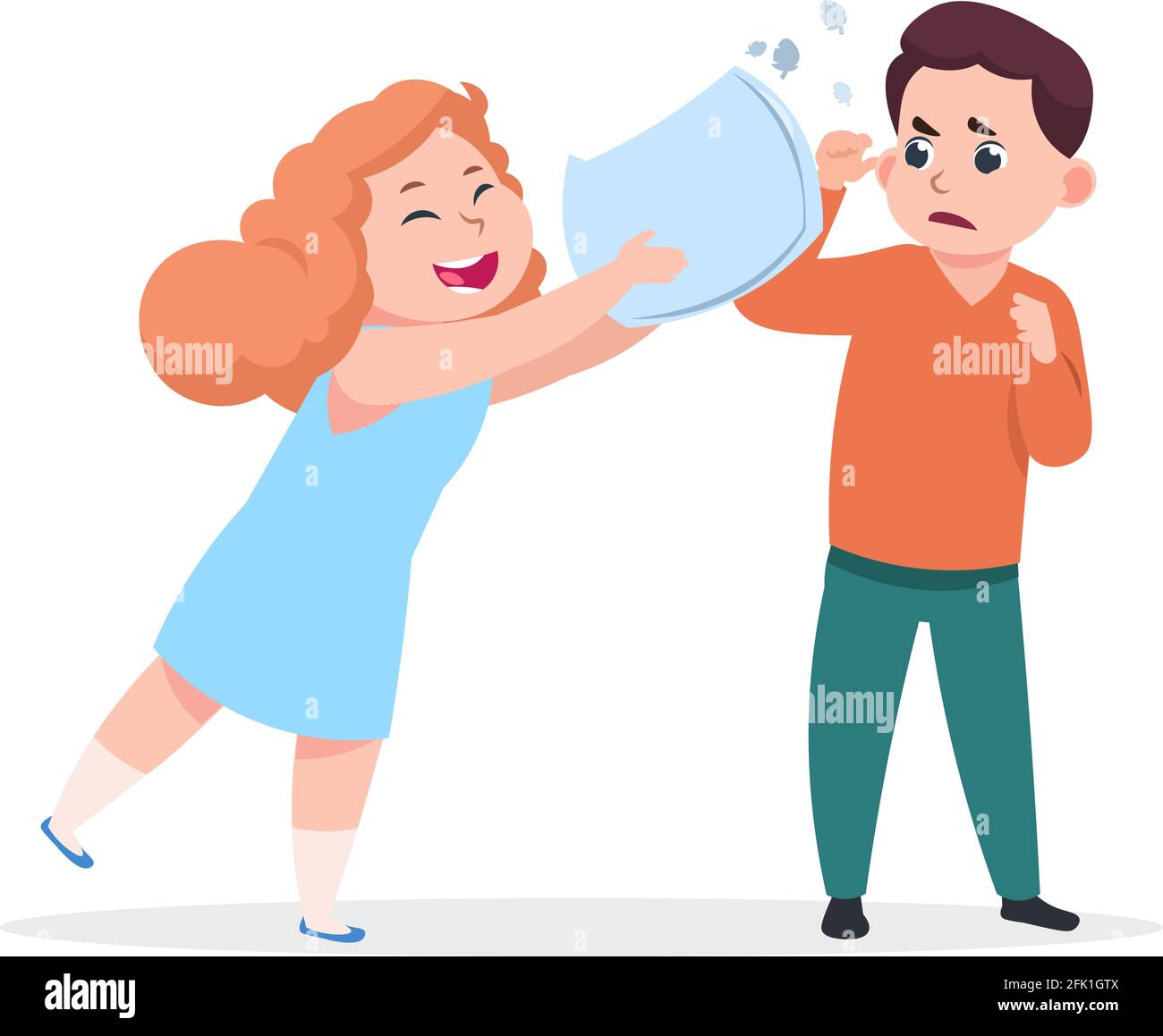 Pillow fight. Cheerful girl beats displeased boy. Aggression, bad manners and evil games. Child misbehavior, preschool kids vector illustration Stock Vector