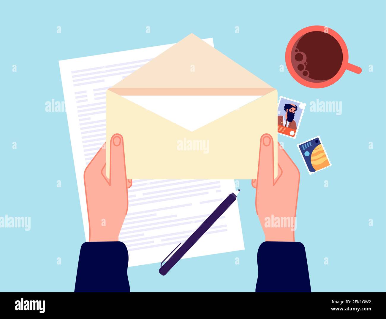 Hand holding envelope. Mail message, correspondence paper letter. Preparation messaging or postal notification, postcrossing vector concept Stock Vector