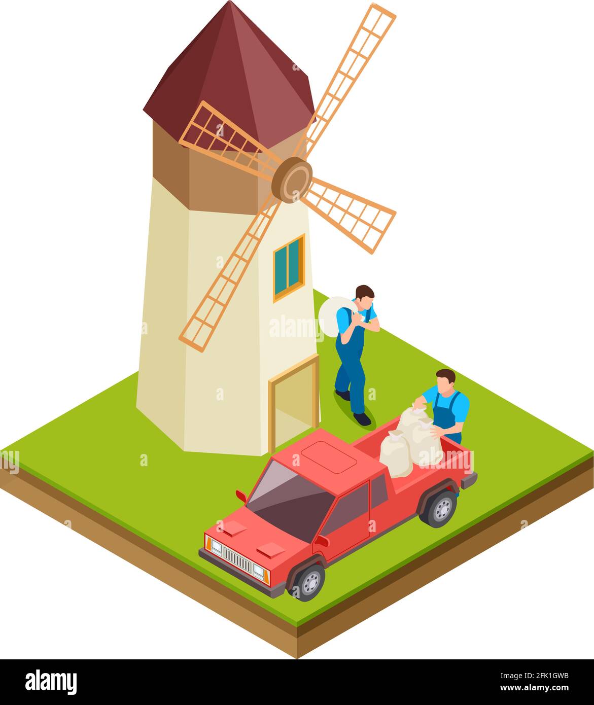 Isometric mill. Farmers, workers with bags of flour. Men in agricultural uniform with red farm truck vector illustration Stock Vector