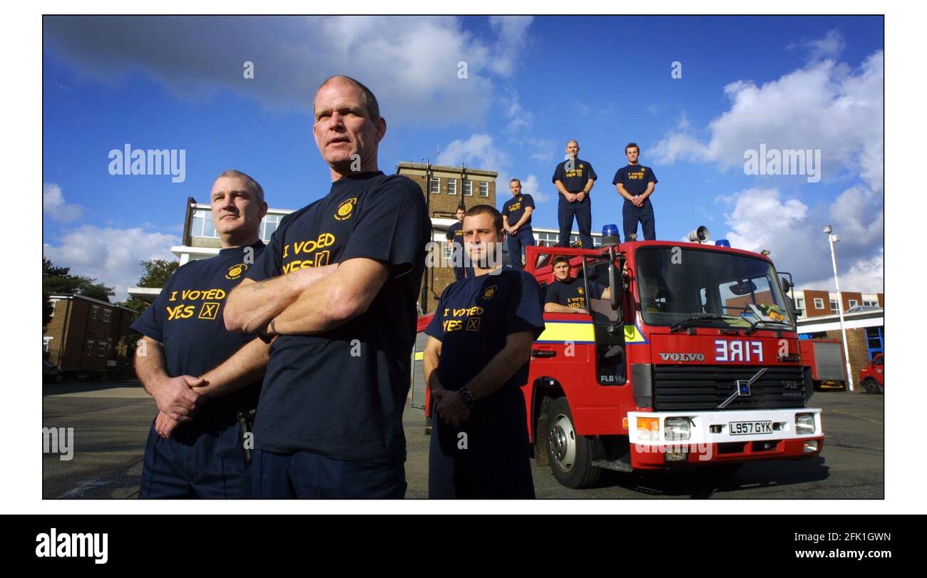 Wembley Fire Station.......Members of Wembley Blue watch who will be part of the national Fire Fighters strike.pic David Sandison 18/10/2002 Stock Photo