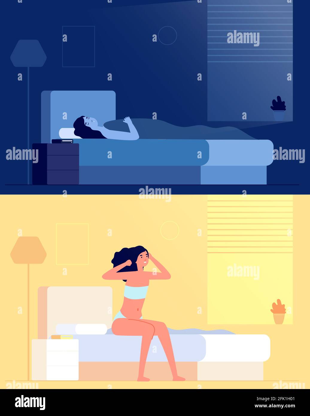 Sleeping wake up girl. Sleep woman, happy waking at morning. Lady stretching on bed mattress in bedroom after awake vector illustration Stock Vector