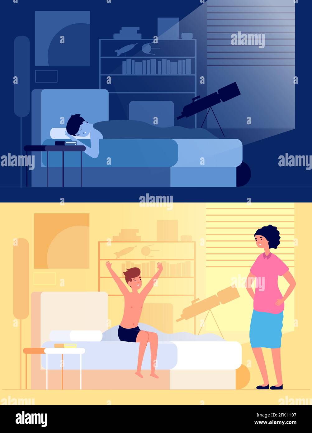 Waking up child. Kid sitting on bed in bedroom, mom and son at early morning. Sleeping and awake happy boy, night rest vector illustration Stock Vector