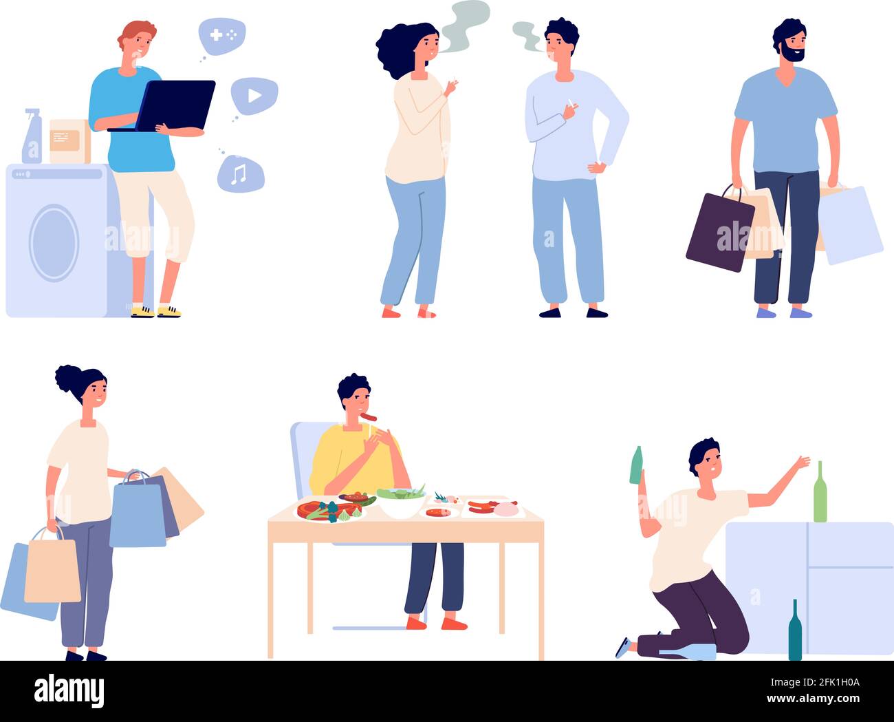 Adult bad habits. Different addictions, people drink alcohol, smoking overeating shopping. Isolated man woman characters with behavior disorders or Stock Vector