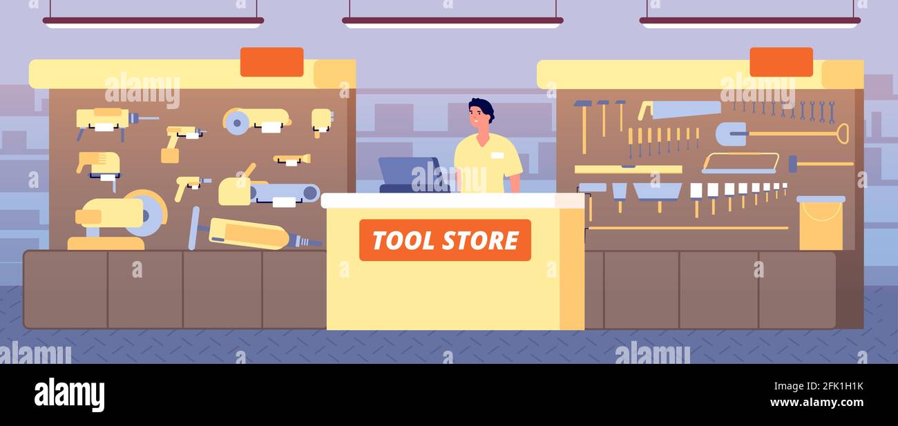 Toolstore interior. Tools shop, construction hardware on shelf