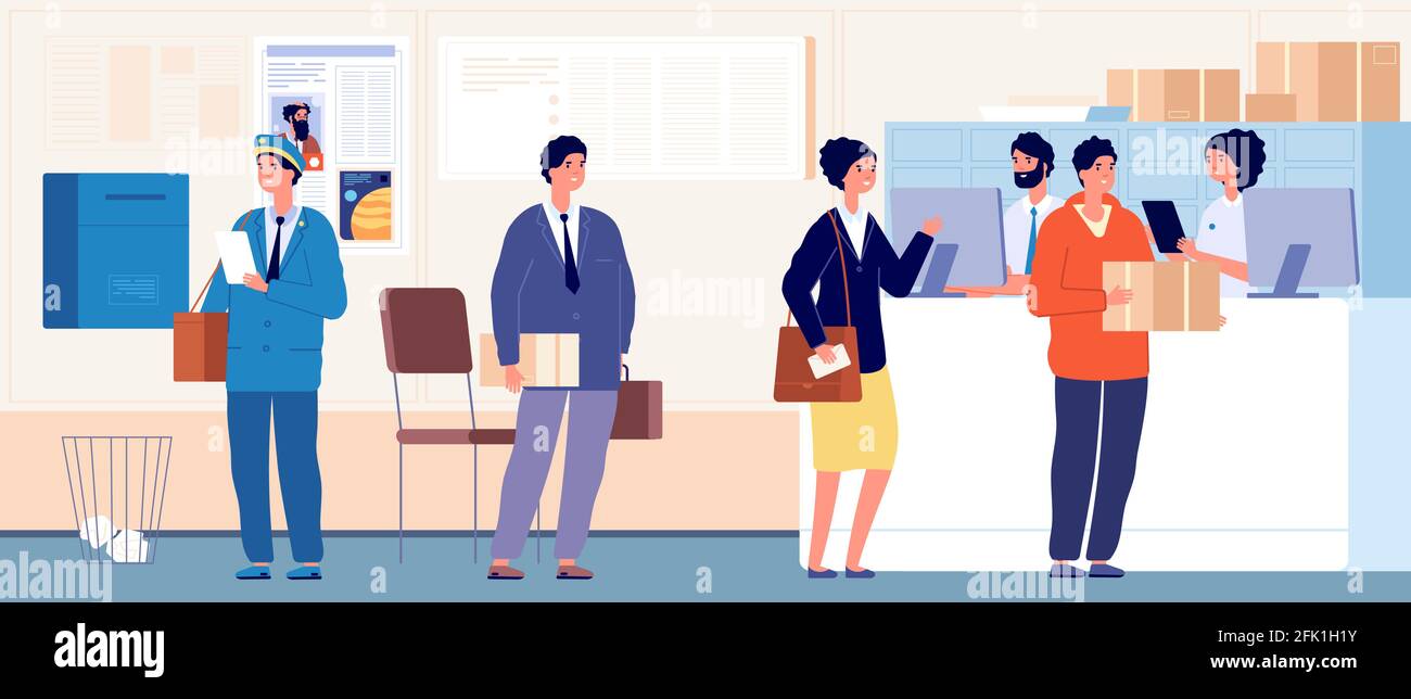 Post delivery office. Mail service, crowd people with boxes and letters. Queue to shipping, order receiving or parcels vector illustration Stock Vector