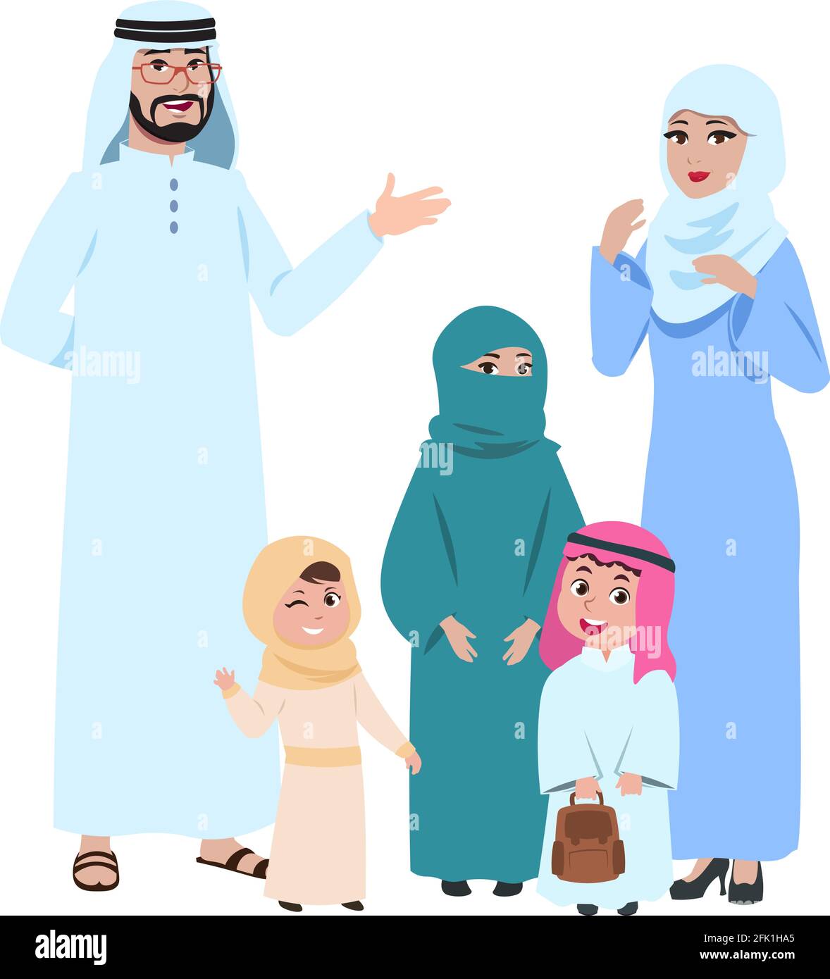 Happy arab family. Muslim young people, islamic man woman and kids. Isolated mother in hijab girl boy and father cartoon characters. Smiley parents Stock Vector