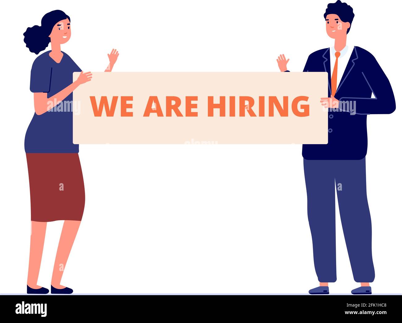 Office job. Business people holding banner we are hiring. Happy friendly HR managers invite for interview. Isolated flat businessman and woman with Stock Vector