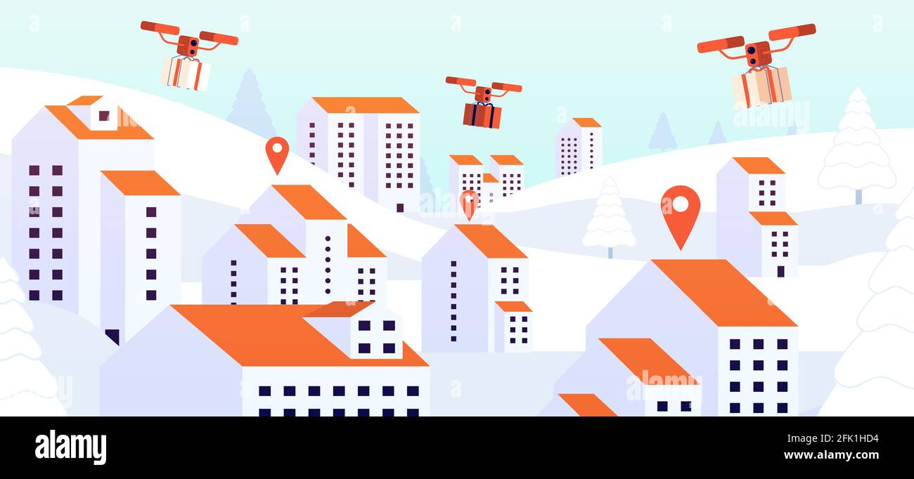 Christmas gift drone delivery. Contactless presents service, digital device flying with parcel over roofs. City logistic vector illustration Stock Vector