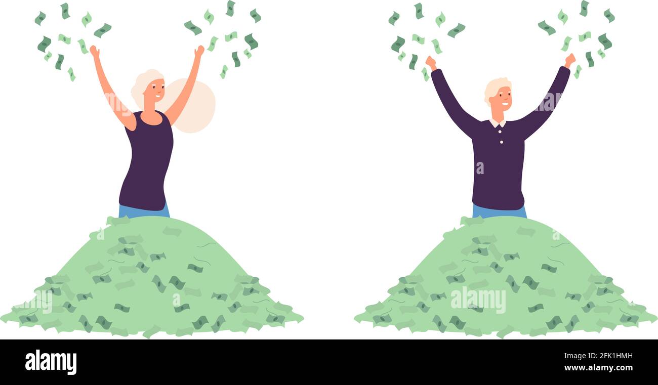 Rich people. Man woman in pile of money. Lucky, isolated characters of business magnates, investors vector illustration Stock Vector