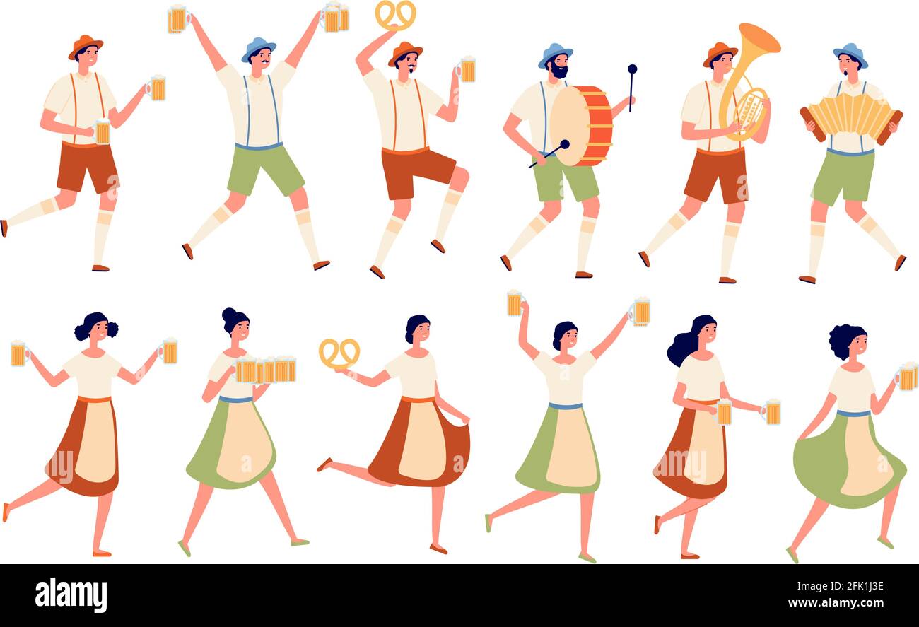 Oktoberfest characters. Autumn traditional beer festival, persons dancing with drinks. German fest, people in bavarian costumes vector set Stock Vector