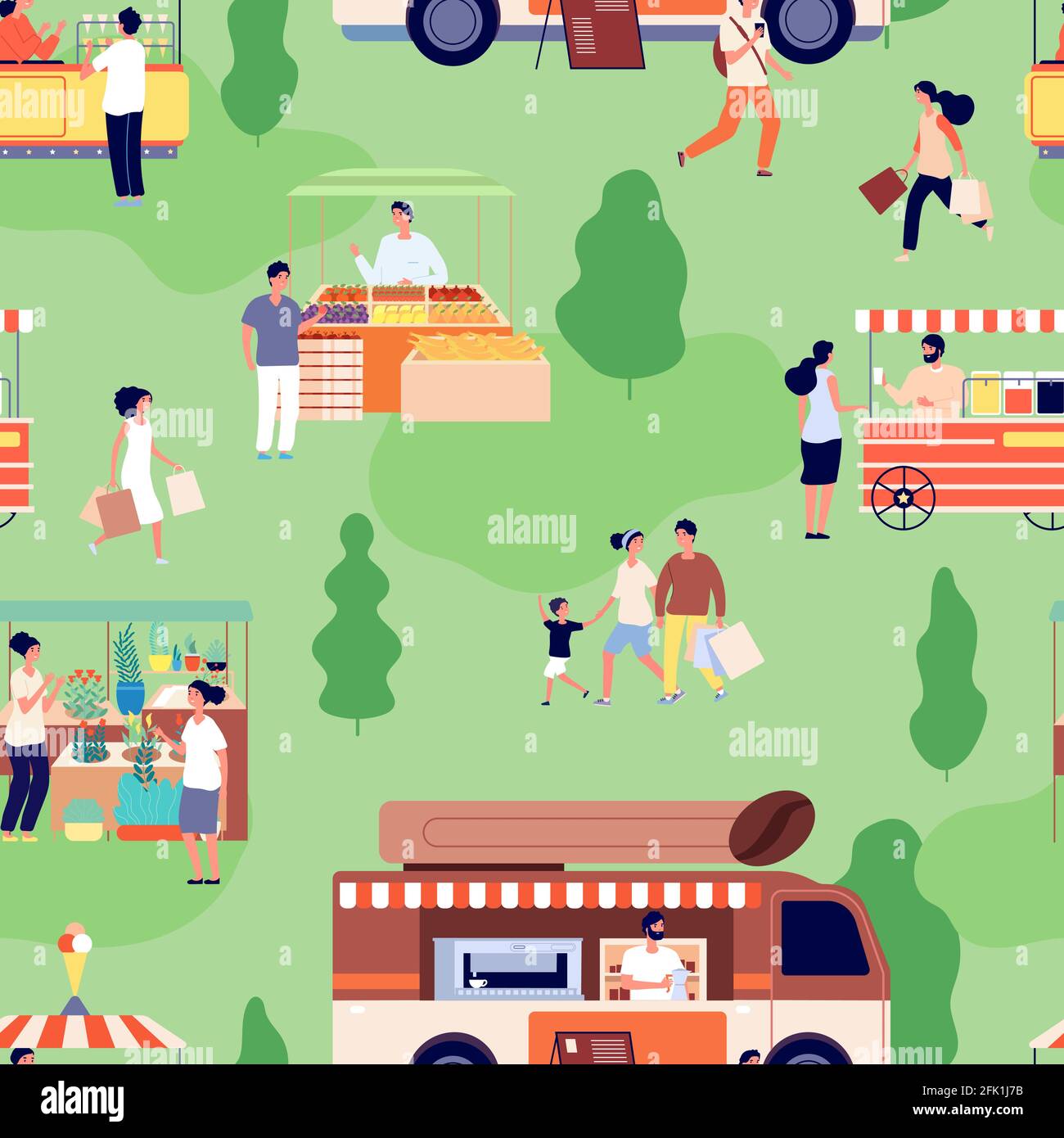 Food market pattern. People buy farm goods, counters with craft products. Summer fair, outdoor festive activity background. Street shop vector Stock Vector