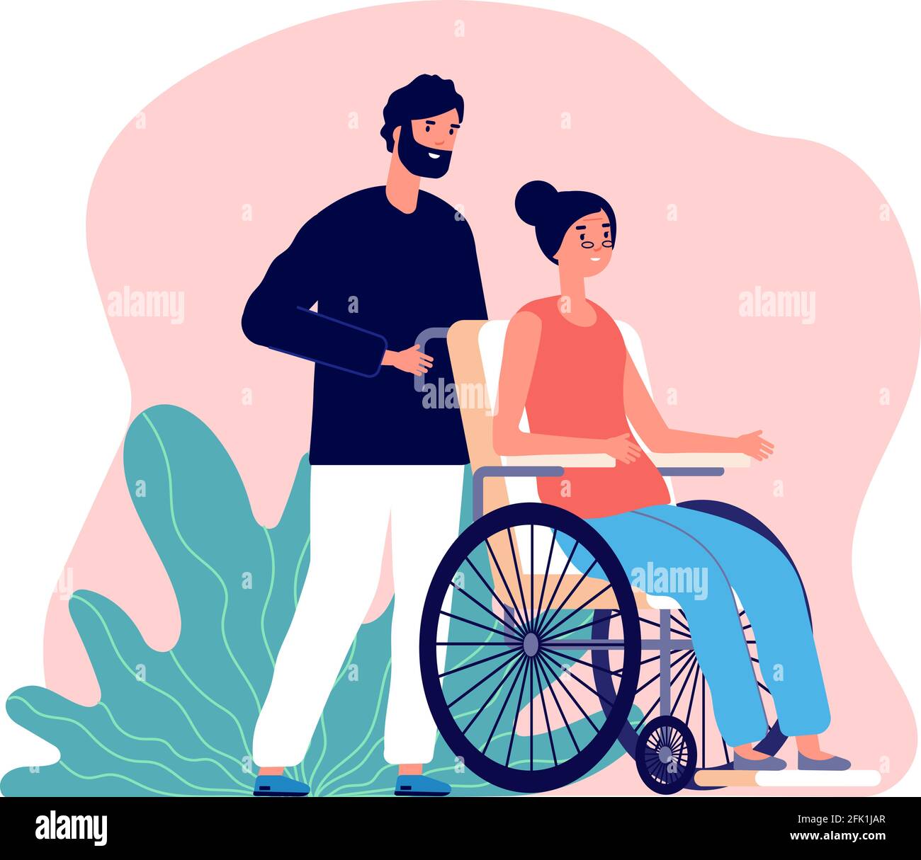Man helping. Old woman in wheelchair and young male. Isolated social worker or volunteer with seniors. Grandmother and grandson, family vector Stock Vector