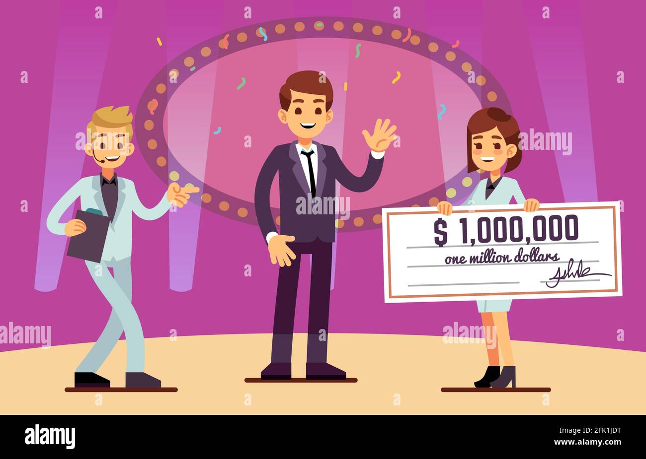 Lottery winner rewarding. Bank cheque prize. Cartoon lucky guy on stage, girl with reward. Quiz or show jackpot win, boy got grant for study or Stock Vector