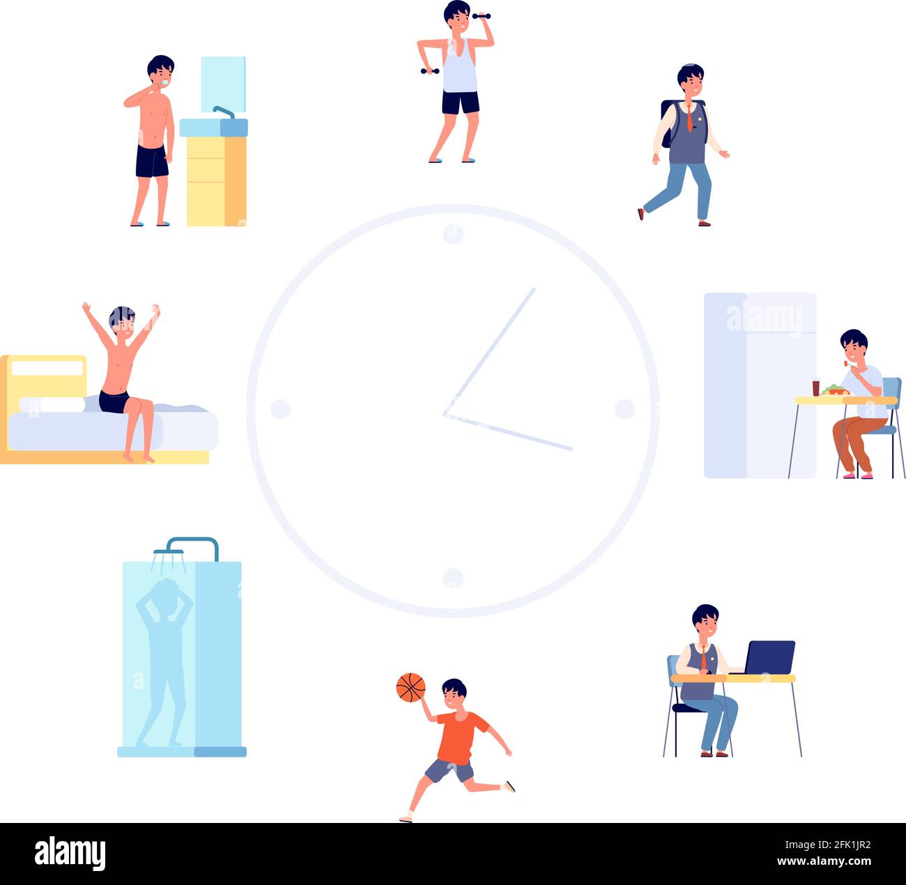 Daily life schedule. Cartoon kid routine, boy activities. Flat cute child sleeping eating by the clock, baby lifestyle vector illustration Stock Vector