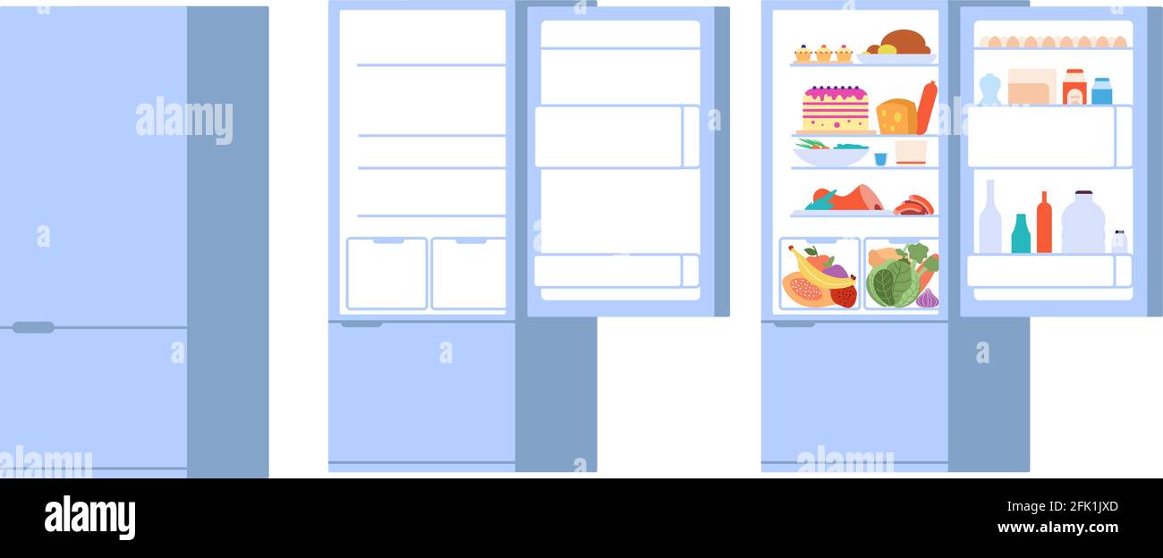 Food open fridge. Closed opened refrigerator, flat full and empty foods storage with doors. Isolated kitchen freezer vector illustration Stock Vector