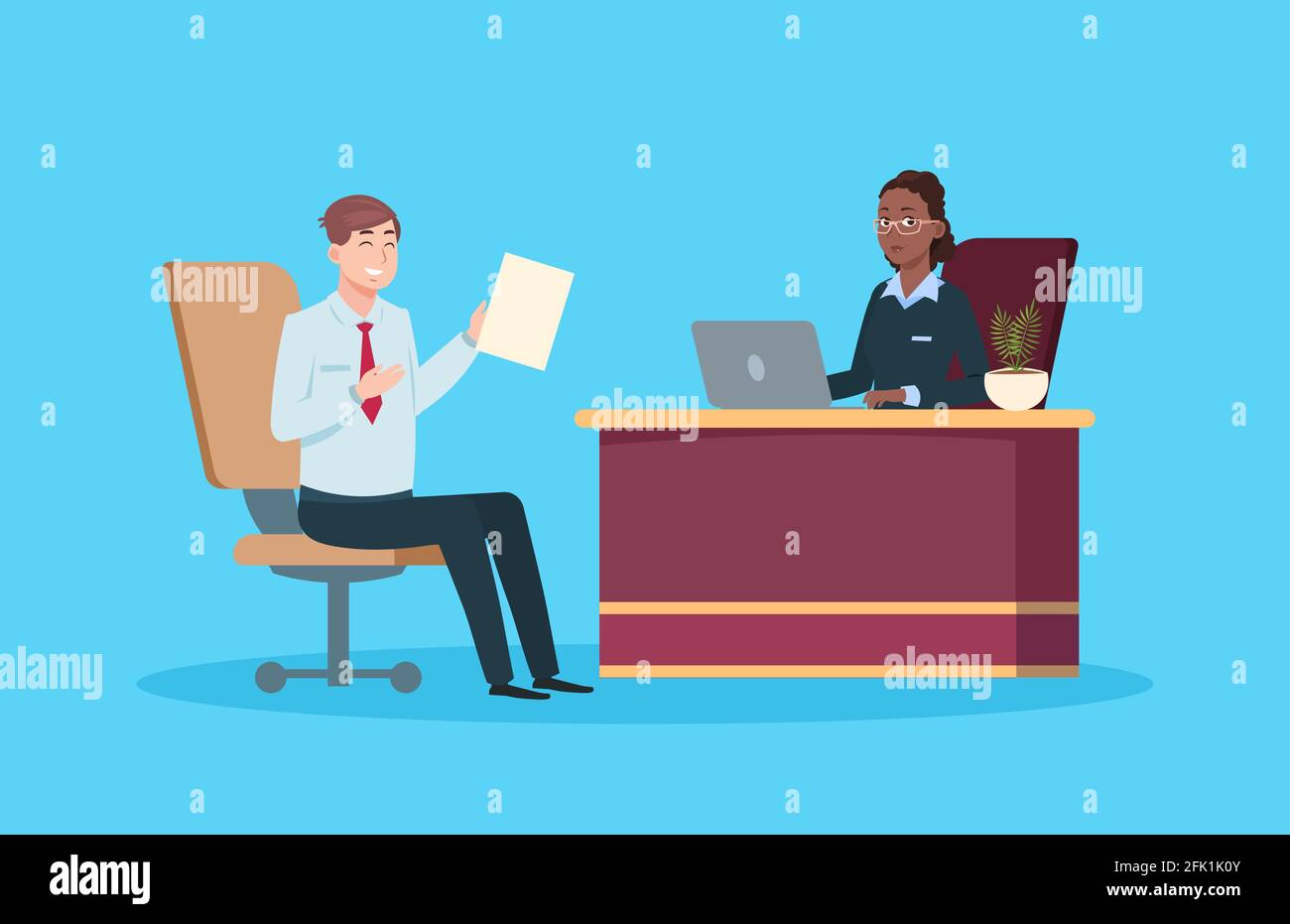 Man on job interview. Isolated work meeting, HR management or recruitment agency. Young manager and boss vector illustration Stock Vector