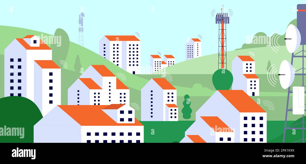 Wireless internet landscape. Internet equipment, radio satellite tv tower in village. Telecommunication infrastructure vector illustration Stock Vector