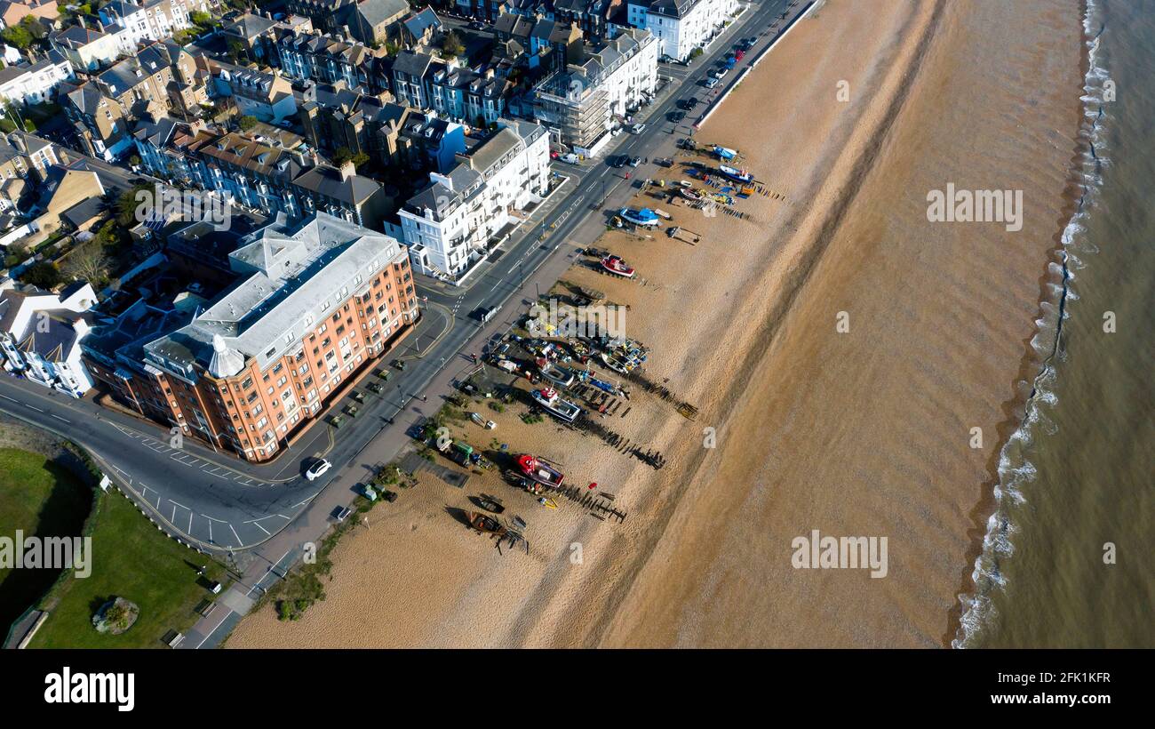 Aerial view of Fishing Boats drawn up on  Deal Beach Stock Photo
