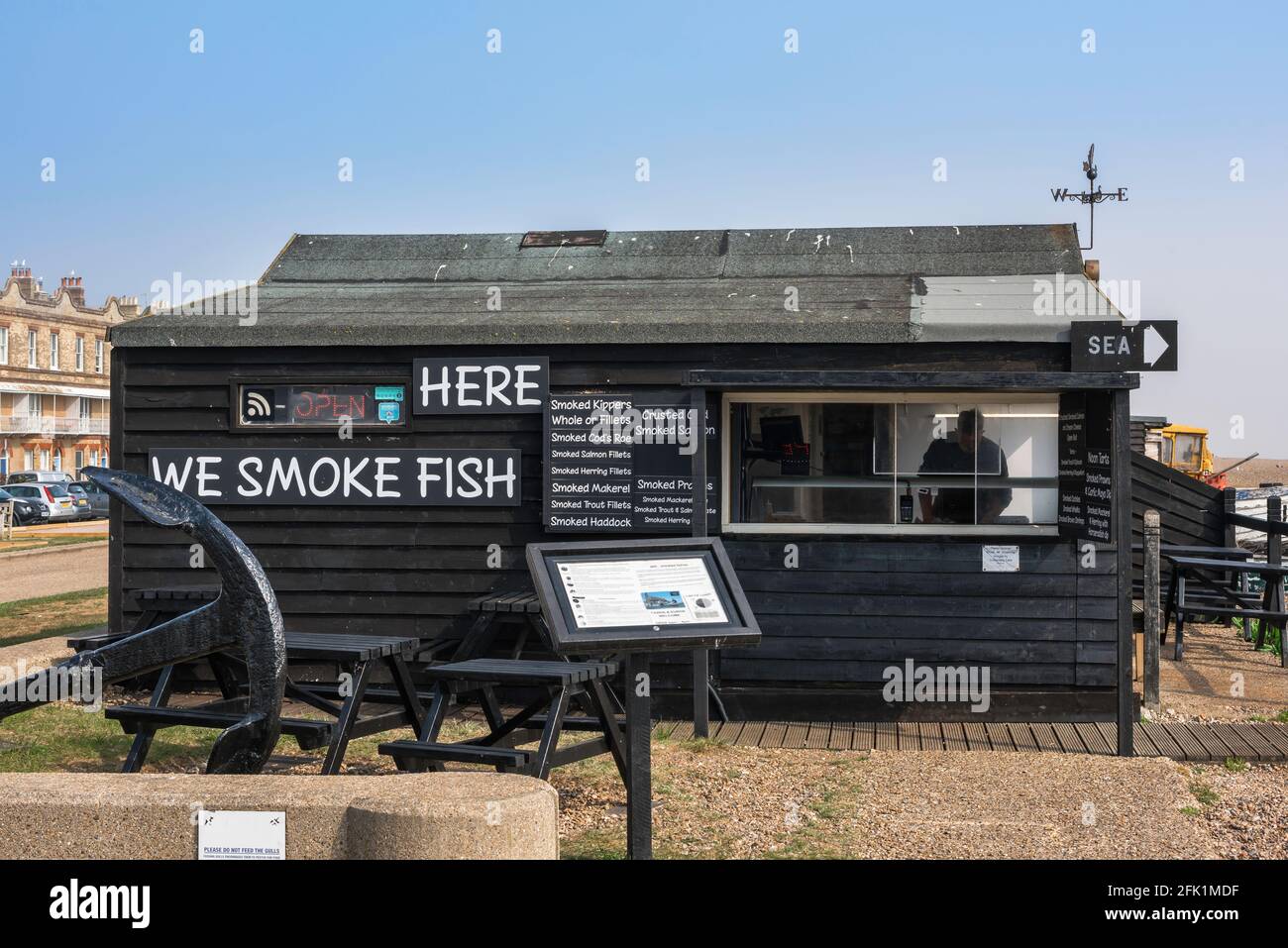 Seafood Suffolk, view in summer of a seafront hut specialising in traditional smoked seafood in Aldeburgh, Suffolk, East Anglia, England, UK Stock Photo