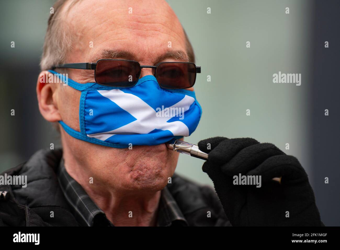 Dundee, Scotland, UK. 27 April 2021. Leader of Alba party Alex Salmond meets local Yes campaigners and supporters in Dundee, a heavily pro independence city today. Iain Masterton/Alamy Live News Stock Photo