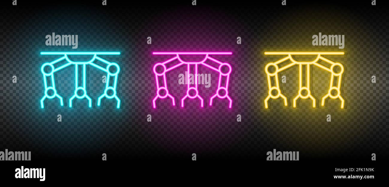 assemble robot, industrial arms neon icon set Stock Vector