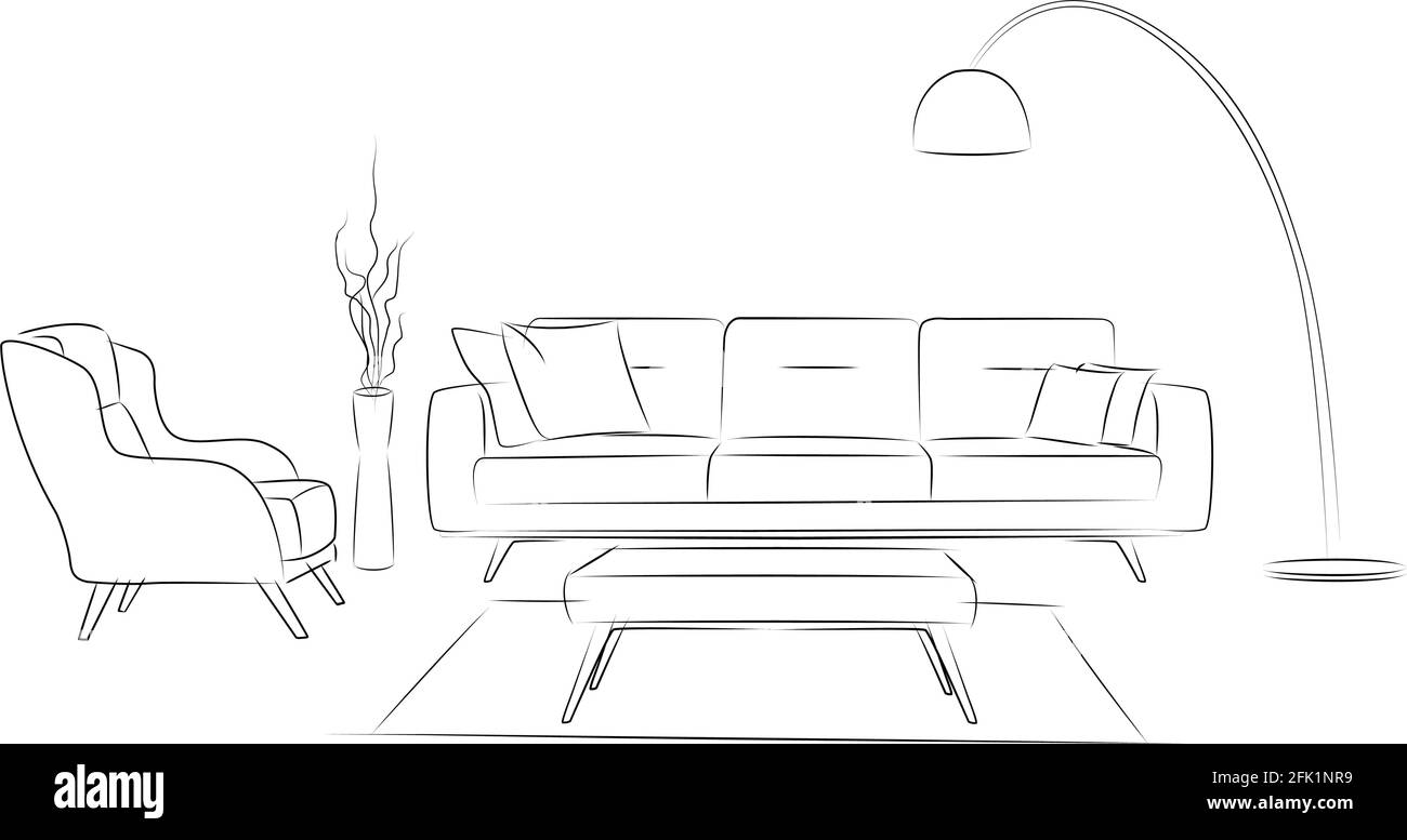 Sofa set and coffee table sketch drawing Stock Vector Image & Art - Alamy