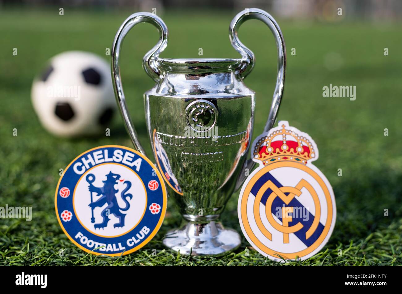 April 16, 2021 Moscow, Russia. The UEFA Champions League Cup and the  emblems of the football clubs Real Madrid CF and Chelsea F. C. London on  the gree Stock Photo - Alamy