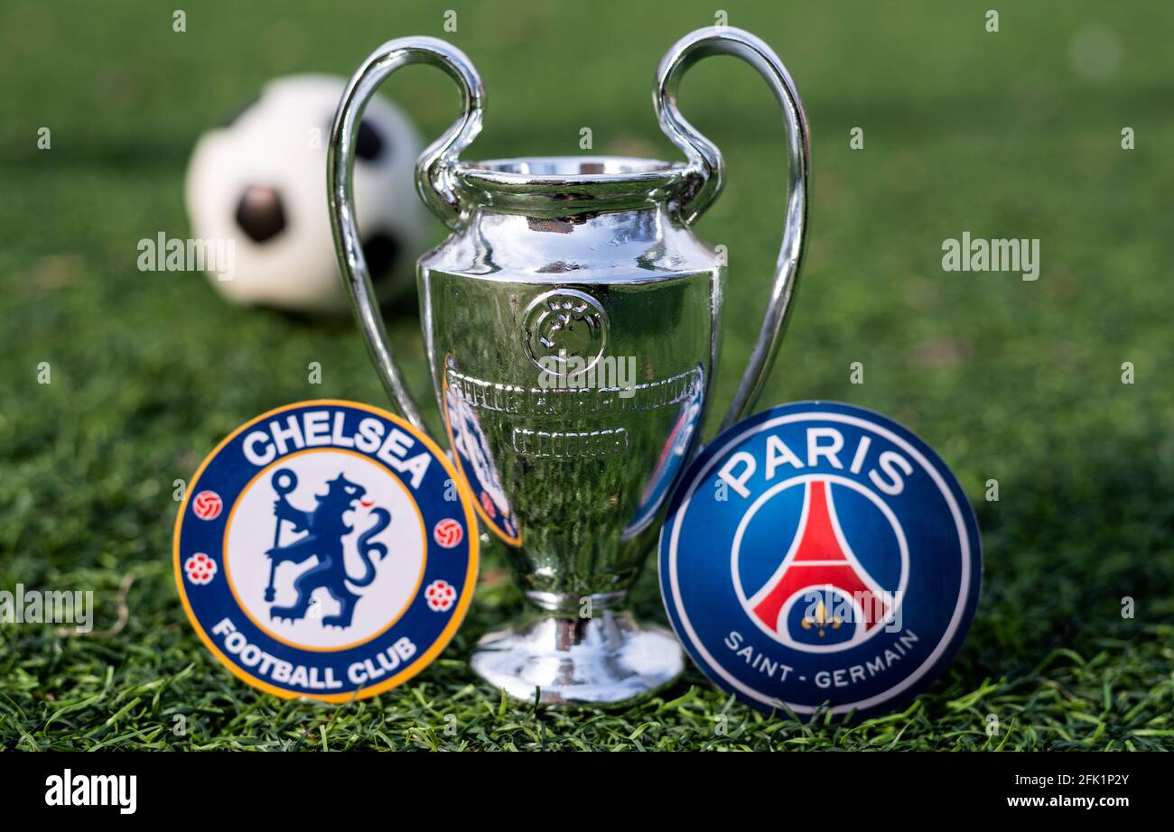 April 16 21 Moscow Russia The Uefa Champions League Cup And The Emblems Of The Football Clubs Paris Saint Germain F C And Chelsea F C London Stock Photo Alamy