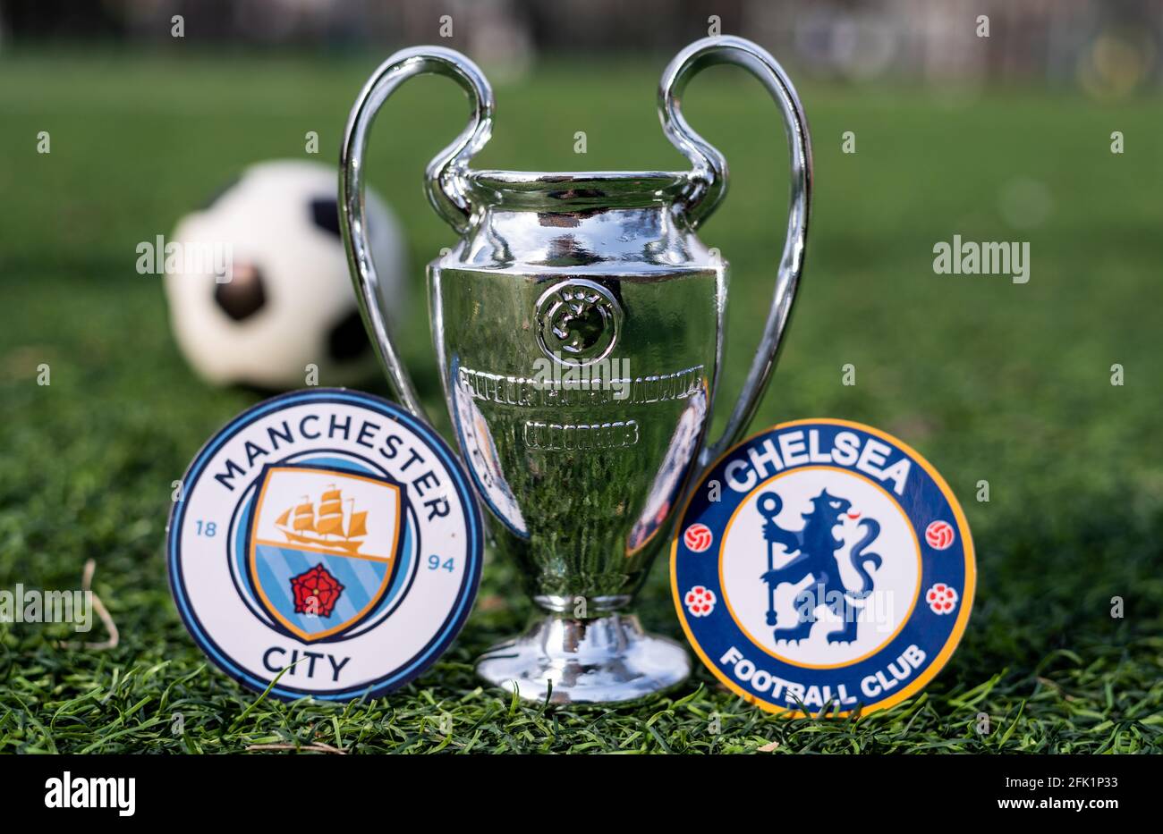 April 16 21 Moscow Russia The Uefa Champions League Cup And The Emblems Of The Manchester City F C And Chelsea F C London Football Clubs On T Stock Photo Alamy