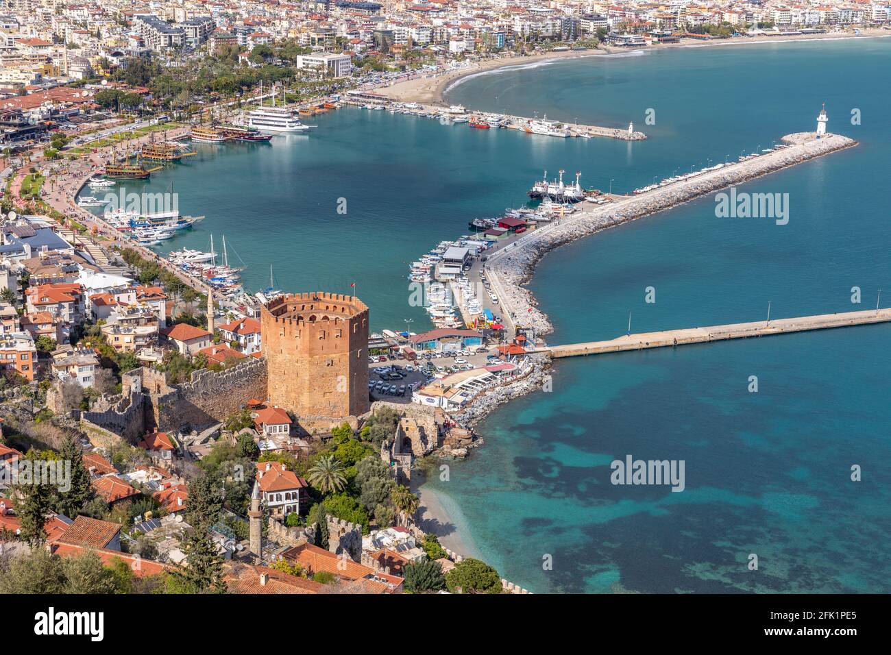 High angle view of the historical Kizil Kule, Red Tower, in Alanya Castle during the coronavirus pandemic days in Alanya, Antalya, Turkey. Stock Photo