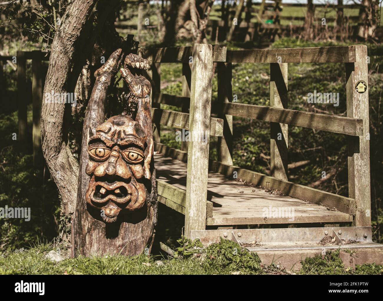 Carved Troll guarding a Bridge Stock Photo