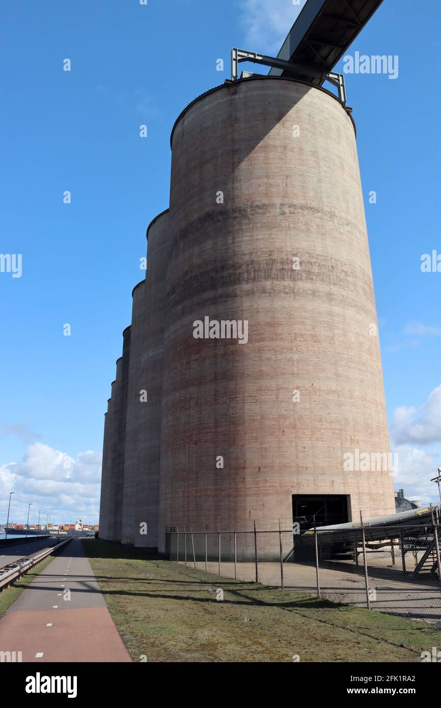 silos at EMO in the Maasvlakte to collect fly ash from coal in Rotterdam Stock Photo