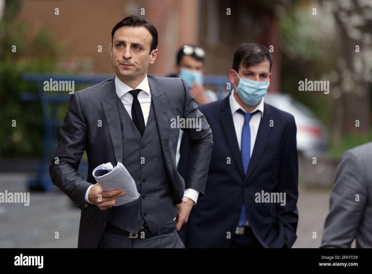Sofia, Bulgaria: 27 April, 2021: Bulgarian former professional footballer Dimitar Berbatov (L) leaves a press conference at which he announced that he would run for president of the Bulgarian Football Union. Stock Photo