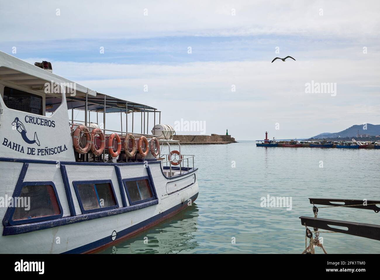 boat for Peñíscola bay cruises moored at the dock of the port, Castellon, Spain Stock Photo