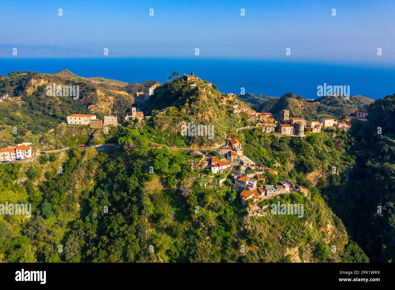 Aerial view of Savoca village in Sicily, Italy. Sicilian village Savoca