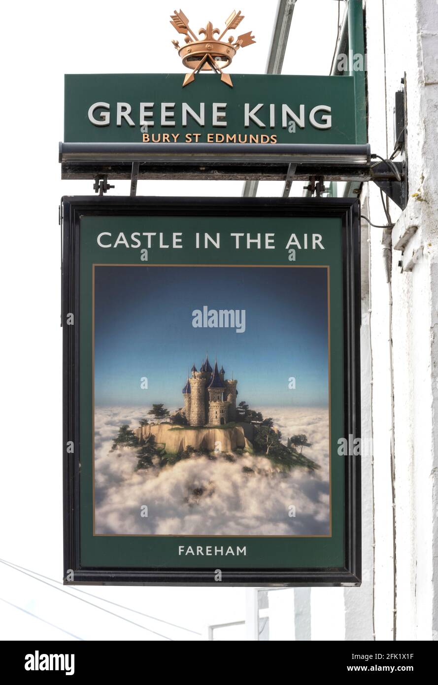 Traditional hanging pub sign at Castle in the Air public house, Old Gosport Road, Fareham, Hampshire, England, UK Stock Photo