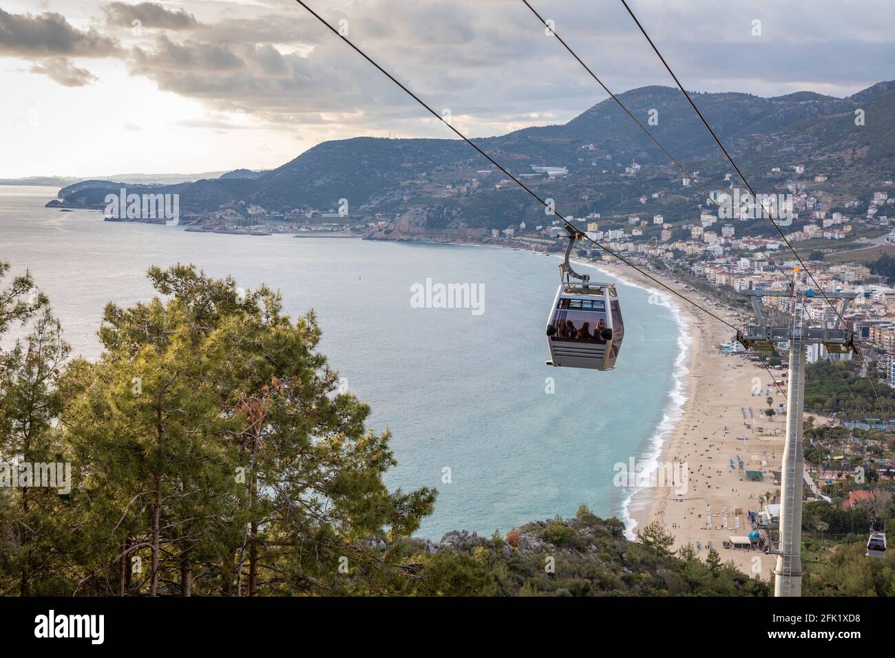 High angle view of the Alanya cable car and Cleopatra Beach in the background in Alanya, Antalya, Turkey on April 3, 2021. Stock Photo