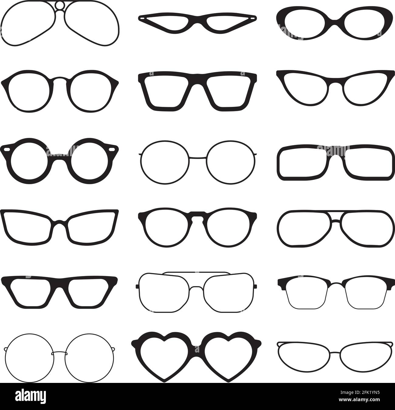 Sunlight glasses. Fashioned glasses black plastic frames retro models sun protection cool eye vision vector silhouettes Stock Vector