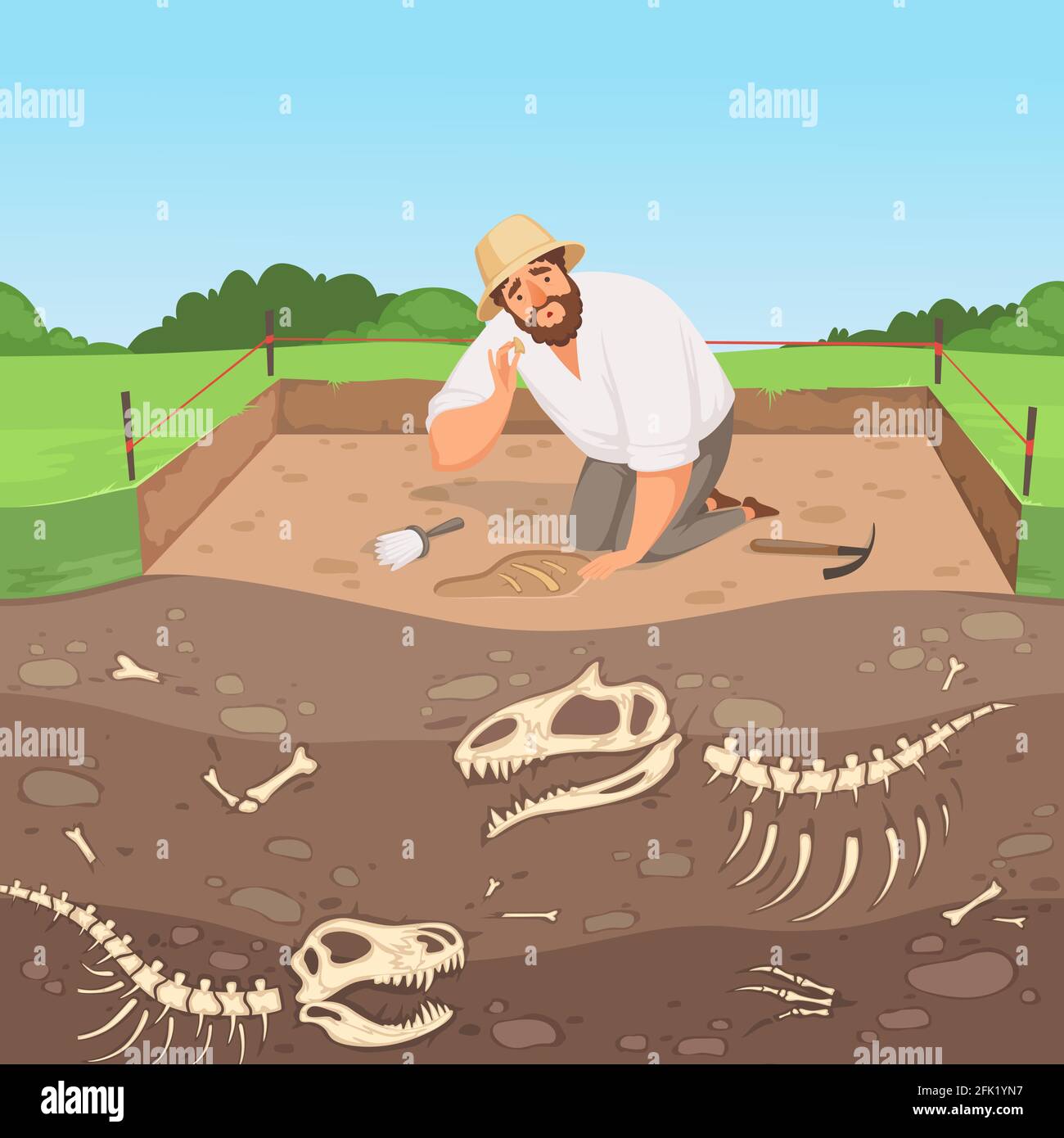 Archaeology character. Man discovery underground geology digging dinosaur bones in soil layers history landscape vector background Stock Vector