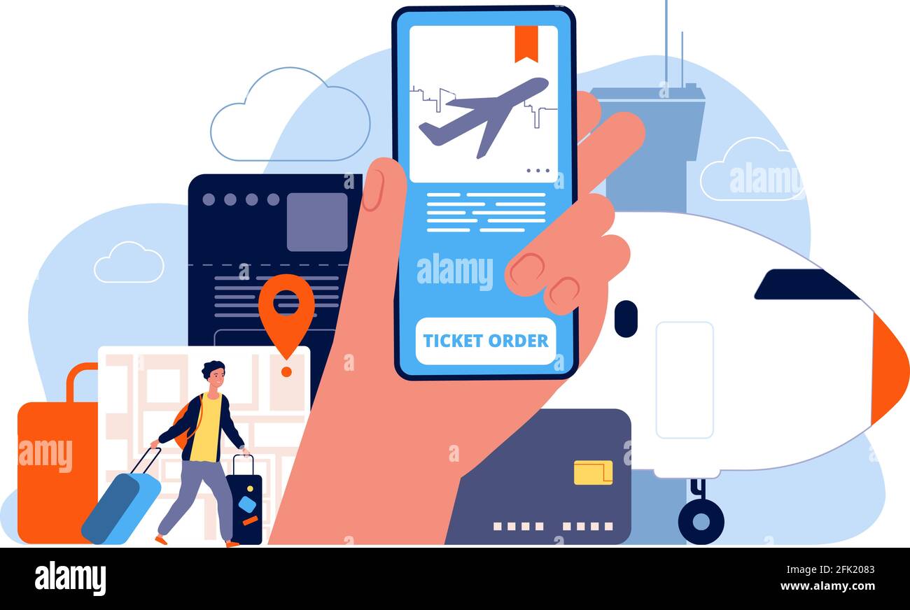 Booking tickets. Plane reservation online ordered flights service vector concept picture Stock Vector