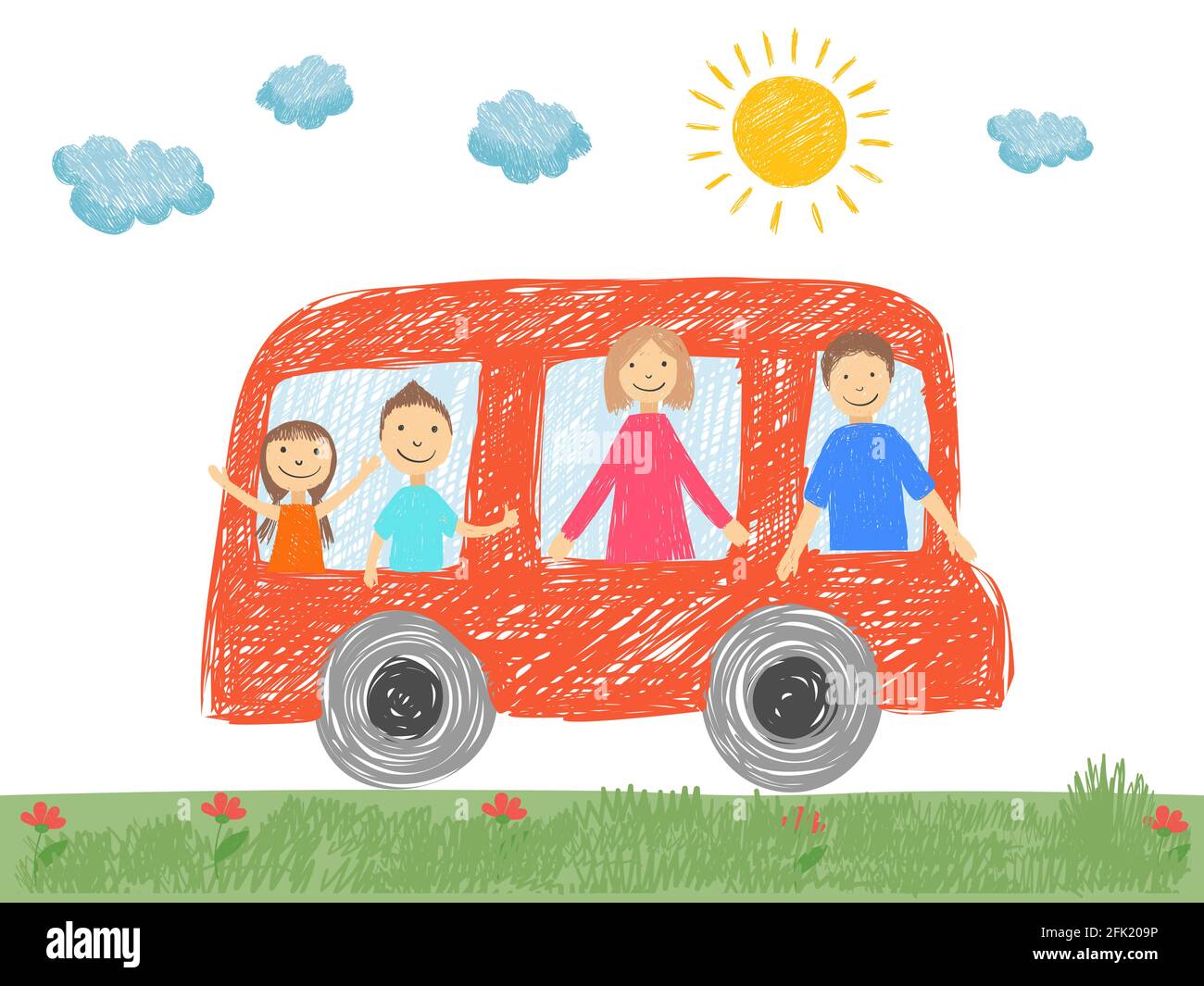 Family in car. Father mother parents kids going to vacation in car on road happy family transport vector doodle picture Stock Vector