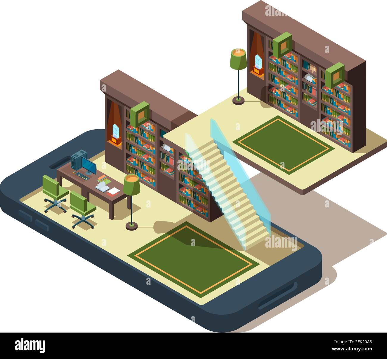 Online library. Books learning students reading magazine at smartphone study e book vector isometric concept Stock Vector