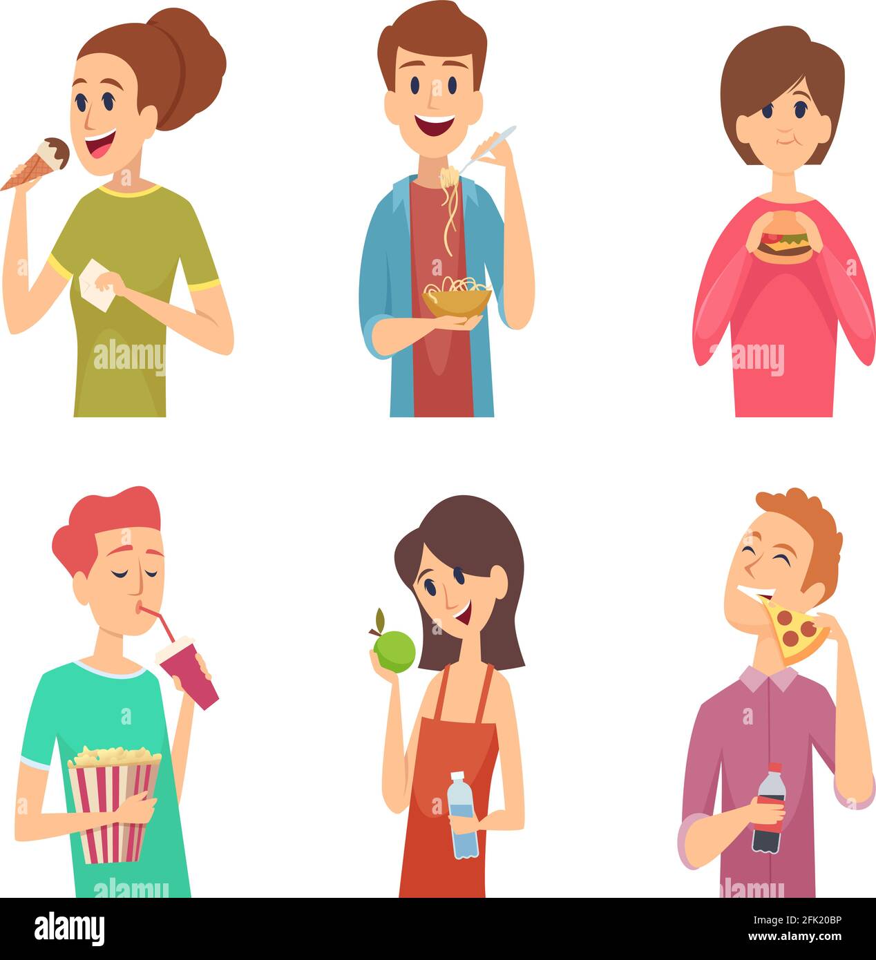 People eating. Healthy food male and female eating and drinking person outside vector characters Stock Vector