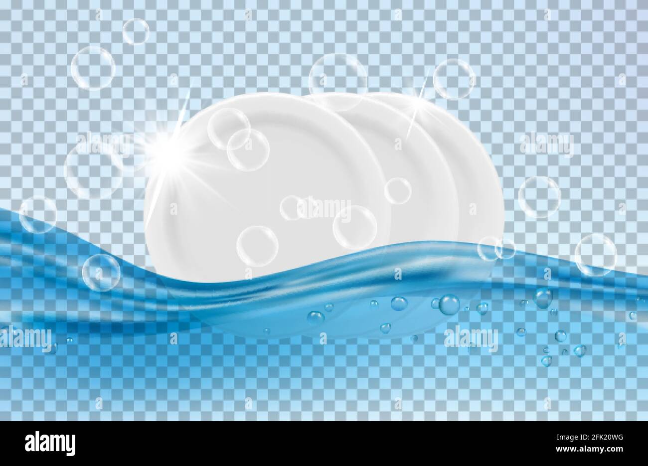 Clean dishes. White plates, water and soap bubbles vector illustration