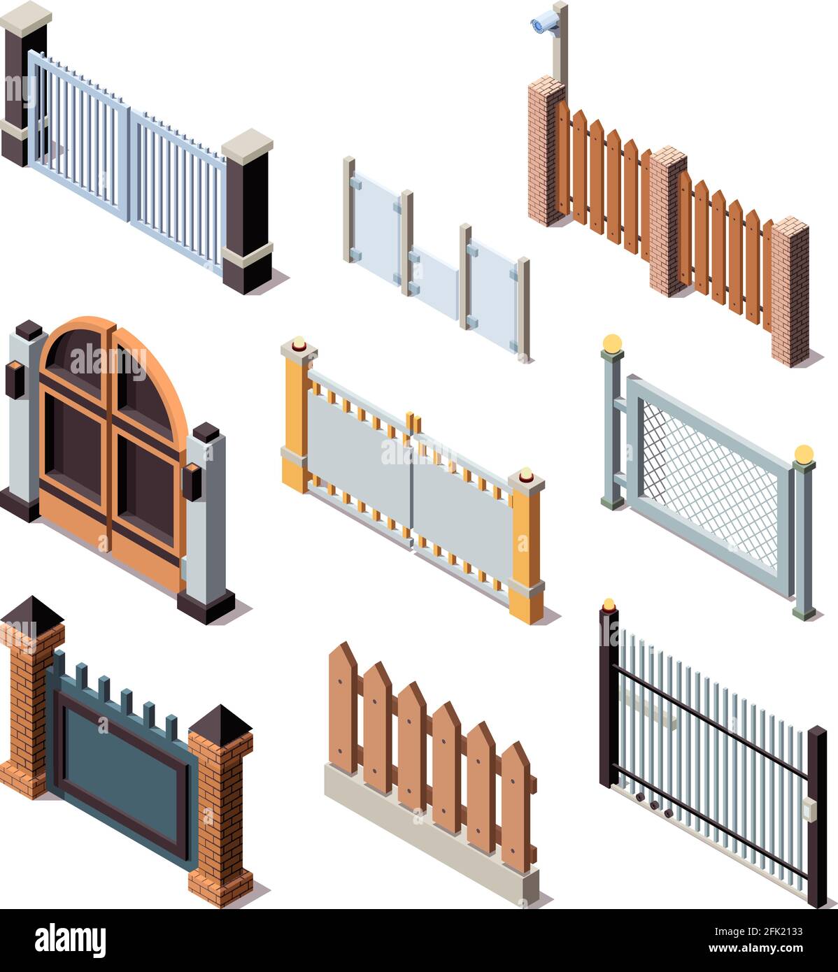 Construction fences. Garden door gate metals or wooden panels railing fences vector isometric Stock Vector