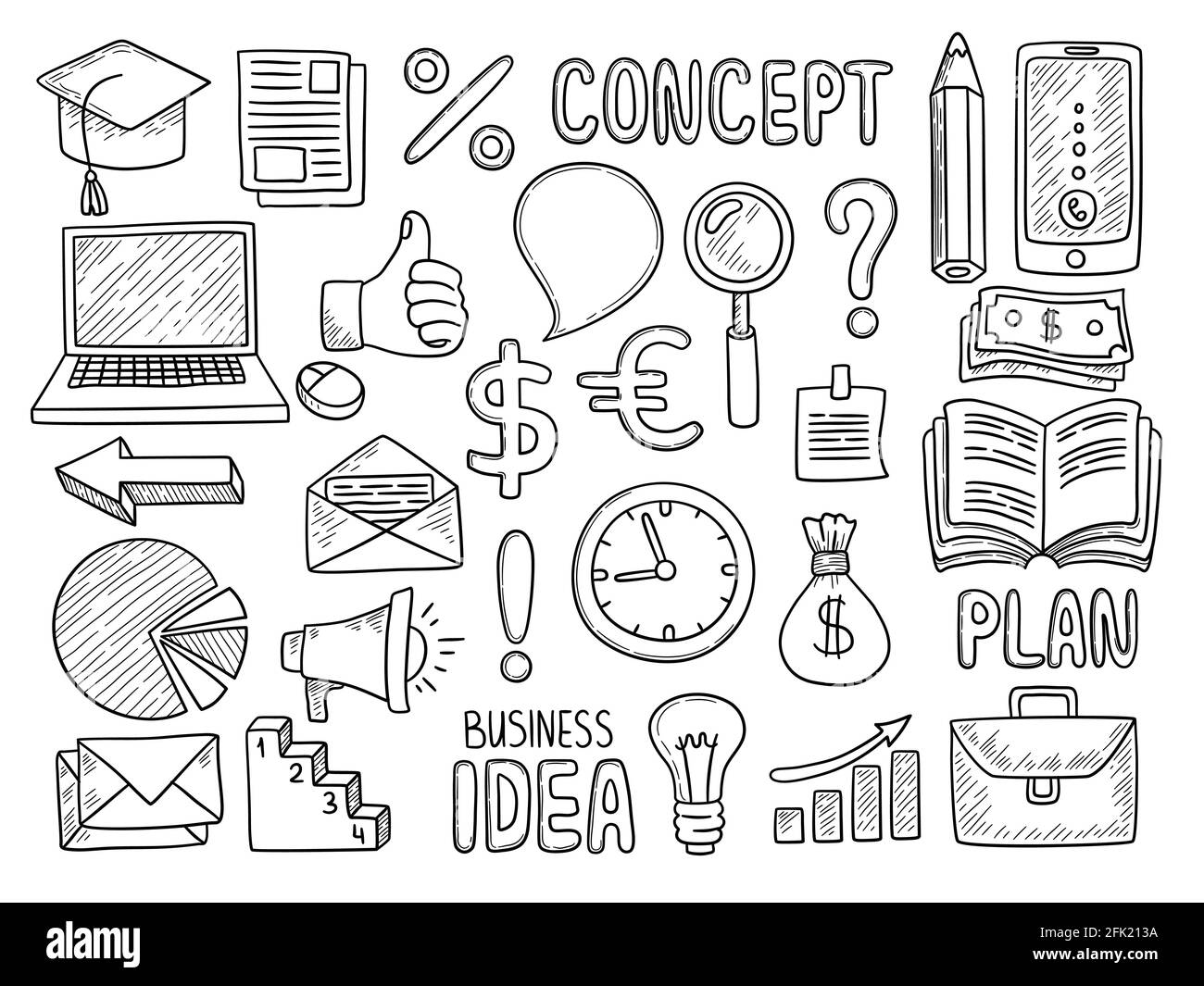 Business doodles. Creative items for work money office computer note pen education tools manager items vector hand drawn collection Stock Vector